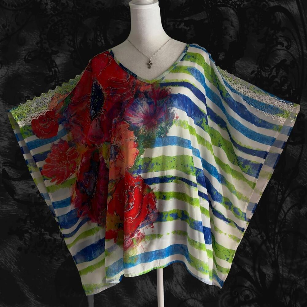 red orange blue green painterly watercolor stripes white fairycore batwing top